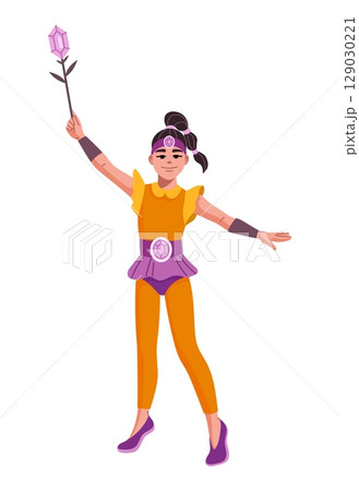 Cartoon kid superhero character. Isolated vector confident girl comic personage in colorful warrior or fairy costume with purple gemstone staff, ready for magical adventure. Fantasy super hero child 129030221