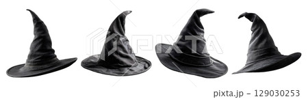 Set of plain witch hats in black color tone for Halloween, isolated on transparent background. 129030253