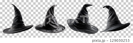 Set of plain witch hats in black color tone for Halloween, isolated on transparent background. 129030253