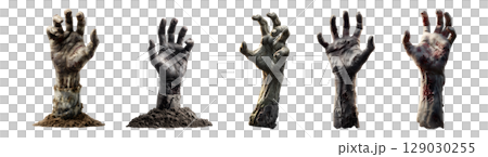 Set of scary zombie hand rising up for Halloween, isolated on transparent background. 129030255