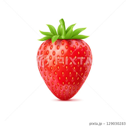 3d realistic raw ripe strawberry berry or fruit. Fresh and ripe farm realistic isolated vector fruit, organic orchard or garden tasty red berry. Summer delicious and juicy whole strawberry with leaves 129030283