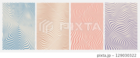 Psychedelic groovy pattern backgrounds. Vector set of abstract vibrant wavy and distorted optical illusions in retro colors. Warped striped vintage posters in 70s surreal pop art hippie trippy t style Psychedelic groovy pattern backgrounds. Vector set of abstract vibrant wavy and distorted optical illusions in retro colors. Warped striped vintage posters in 70s surreal pop art hippie trippy t style 129030322