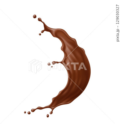Round circle chocolate drink wave splash with smooth curve and droplets mid air. Vector sweet cocoa liquid in motion fluid dessert and food swirl. Isolated realistic 3d cocoa Brown stream with drops Round circle chocolate drink wave splash with smooth curve and droplets mid air. Vector sweet cocoa liquid in motion fluid dessert and food swirl. Isolated realistic 3d cocoa Brown stream with drops 129030327