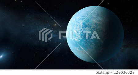 Blue hycean planet with cloudy atmosphere floats serenely in vastness of space, surrounded by distant stars 129030328