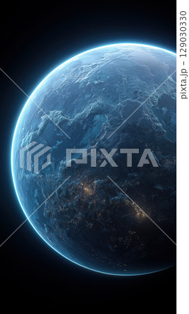 Stunning blue hycean planet with swirling clouds and glowing lights in space, evoking sense of cosmic wonder 129030330