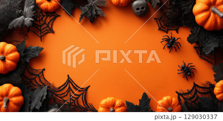 Vibrant Halloween background with copy space and frame of pumpkins, black leaves, spiders, and cobwebs on orange surface Vibrant Halloween background with copy space and frame of pumpkins, black leaves, spiders, and cobwebs on orange surface 129030337