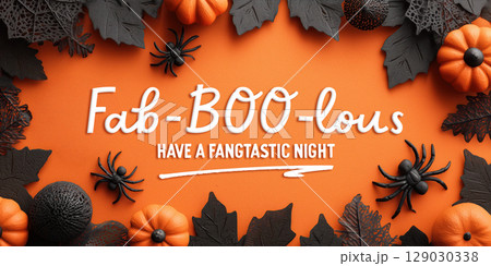 Spooky Halloween background with pumpkins, spiders, and leaves on orange surface. Fab BOO lous message adds festive cheer Spooky Halloween background with pumpkins, spiders, and leaves on orange surface. Fab BOO lous message adds festive cheer 129030338