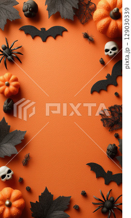 Spooky Halloween background with copy space and pumpkins, bats, and skulls on orange surface Spooky Halloween background with copy space and pumpkins, bats, and skulls on orange surface 129030339
