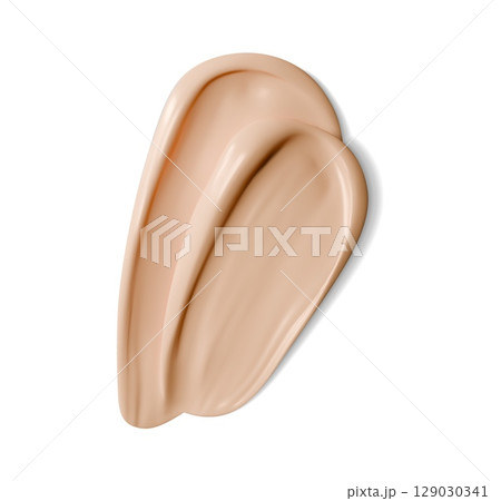 Beige foundation cream swatch, skincare cosmetic product liquid stroke, makeup smudge with creamy texture. Realistic Isolated 3d vector drop for makeup advertisements and beauty product promotions 129030341