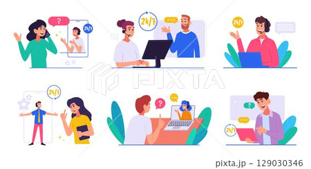Online support. Phone assistant talking with costumers exact vector provider helping or support talk with client 129030346