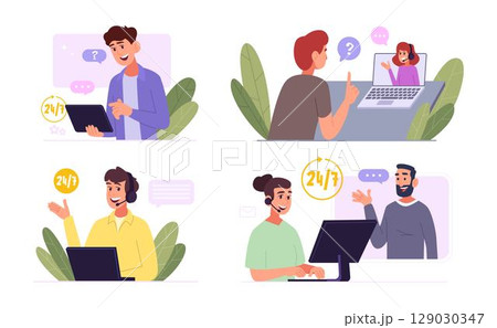 Online consult. Phone assistant online support operator talking with costumers exact vector hot service for digital helpig people 129030347
