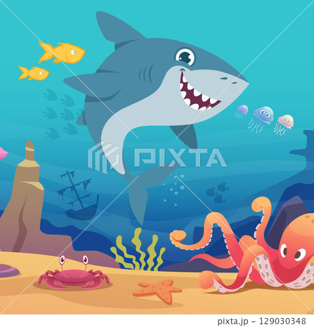 Underwater life. cartoon shark with big smile swimming in ocean 129030348