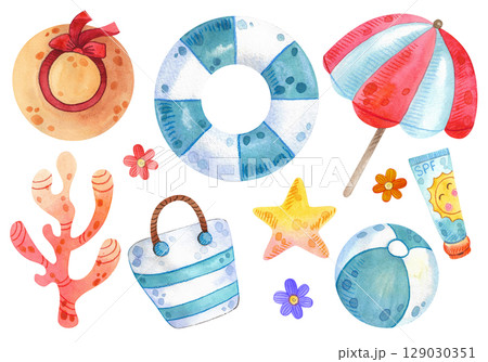 Set of watercolor beach illustrations. Hand drawn summer objects: swimsuit, camera, beach umbrella, sunglasses, hat. Summer icons, stickers. Collection elements for beach party. Tropical vacation. 129030351