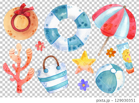 Set of watercolor beach illustrations. Hand drawn summer objects: swimsuit, camera, beach umbrella, sunglasses, hat. Summer icons, stickers. Collection elements for beach party. Tropical vacation. 129030351