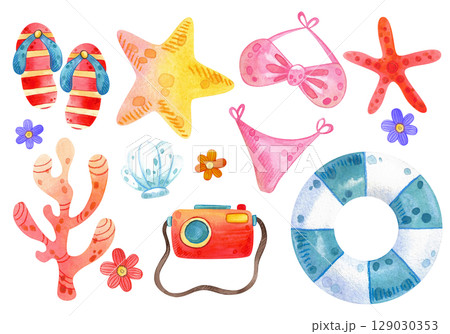 Set of watercolor beach illustrations. Hand drawn summer objects: swimsuit, camera, beach umbrella, sunglasses, hat. Summer icons, stickers. Collection elements for beach party. Tropical vacation. 129030353