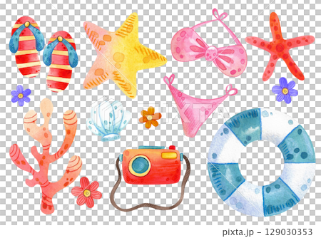 Set of watercolor beach illustrations. Hand drawn summer objects: swimsuit, camera, beach umbrella, sunglasses, hat. Summer icons, stickers. Collection elements for beach party. Tropical vacation. 129030353