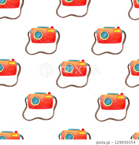 Watercolor illustration summer vacation. Hand drawn seamless pattern with tourism objects: sunglasses, hat, sea shells, photo camera, ice cream, woman shoes. 129030354