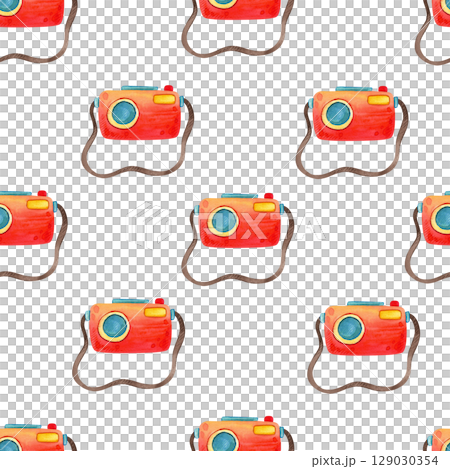 Watercolor illustration summer vacation. Hand drawn seamless pattern with tourism objects: sunglasses, hat, sea shells, photo camera, ice cream, woman shoes. 129030354