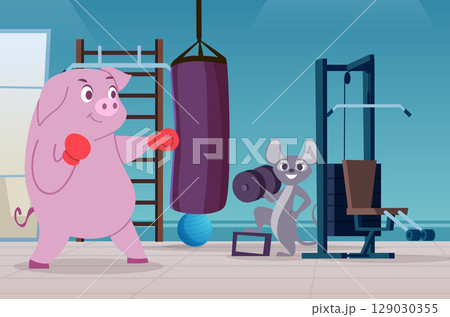 Sport gym. pig and mouse cartoon animals making sport exercises in athletic gym 129030355