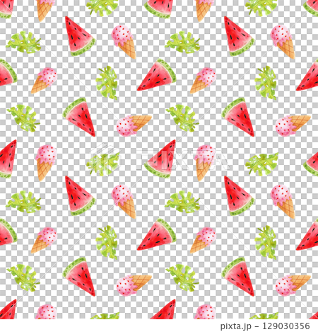 Watercolor seamless pattern with hand drawn watermelon elements creating summer vibes. Fruit illustration on white background for textile, print and decoration Watercolor seamless pattern with hand drawn watermelon elements creating summer vibes. Fruit illustration on white background for textile, print and decoration 129030356