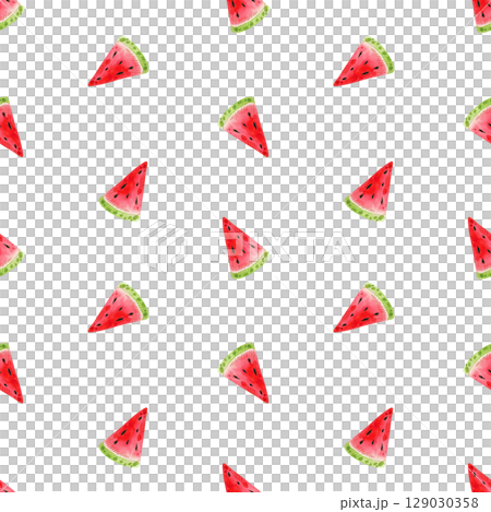 Watercolor seamless pattern with hand drawn watermelon elements creating summer vibes. Fruit illustration on white background for textile, print and decoration 129030358