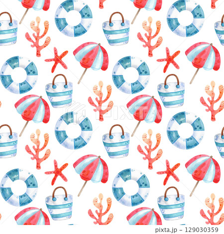 Watercolor illustration summer vacation. Hand drawn seamless pattern with tourism objects: sunglasses, hat, sea shells, photo camera, ice cream, woman shoes.  129030359