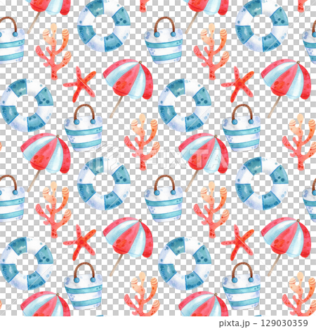 Watercolor illustration summer vacation. Hand drawn seamless pattern with tourism objects: sunglasses, hat, sea shells, photo camera, ice cream, woman shoes.  129030359