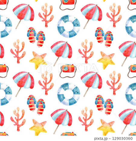 Watercolor illustration summer vacation. Hand drawn seamless pattern with tourism objects: sunglasses, hat, sea shells, photo camera, ice cream, woman shoes. 129030360
