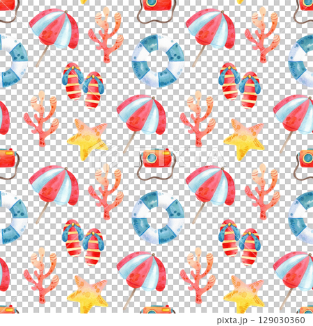 Watercolor illustration summer vacation. Hand drawn seamless pattern with tourism objects: sunglasses, hat, sea shells, photo camera, ice cream, woman shoes. 129030360