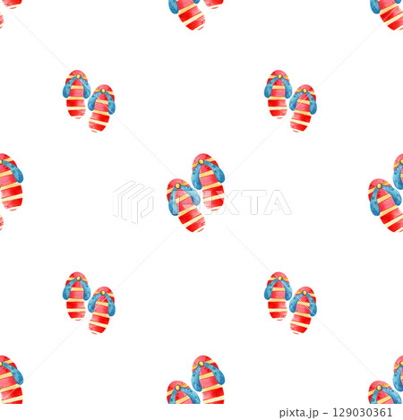 Watercolor illustration of summer holidays. Hand drawn seamless pattern with beach sandals. 129030361