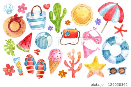 Set of watercolor beach illustrations. Hand drawn summer objects: swimsuit, camera, beach umbrella, sunglasses, hat. Summer icons, stickers. Collection elements for beach party. Tropical vacation. 129030362