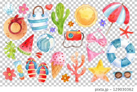 Set of watercolor beach illustrations. Hand drawn summer objects: swimsuit, camera, beach umbrella, sunglasses, hat. Summer icons, stickers. Collection elements for beach party. Tropical vacation. 129030362