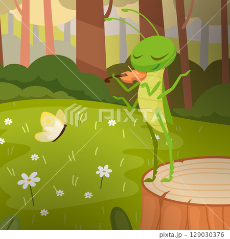 Grasshopper. wild bugs playing on music violin in beautiful forest 129030376