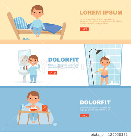 Daily routine. wake up water procedures and tasty breakfast. horizontal banners 129030381