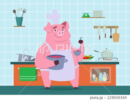 Chef pig. cartoon mascot pig preparing food on kitchen Chef pig. cartoon mascot pig preparing food on kitchen 129030384