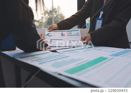 Success, audience with an applause and in a business meeting at work with a lens flare together. Achievement or celebration, motivation and businesspeople clapping hands for good news or support 129030455