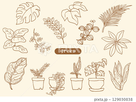 手描き風の観葉植物セピア調イラストセット 129030838