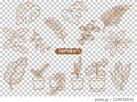 手描き風の観葉植物セピア調イラストセット 129030838