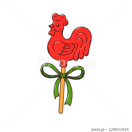 Christmas sugar rooster candy sweet dessert. Happy New Year traditional lollypop dessert. Christmas holiday candy dessert, Russian sugar rooster isolated vector groovy sweet 129031024