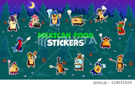 Cartoon Mexican cuisine food mage and wizard characters stickers pack. Vector patches with magic and culinary delights dressed in sorcerers or magicians hats and cloaks, hold staffs and casting spells Cartoon Mexican cuisine food mage and wizard characters stickers pack. Vector patches with magic and culinary delights dressed in sorcerers or magicians hats and cloaks, hold staffs and casting spells 129031028