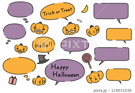かわいいハロウィンのかぼちゃのイラストと吹き出しのセット お化けカボチャ ジャックオランタン 129031036