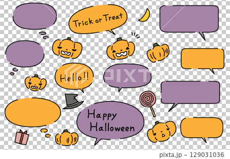 かわいいハロウィンのかぼちゃのイラストと吹き出しのセット お化けカボチャ ジャックオランタン 129031036