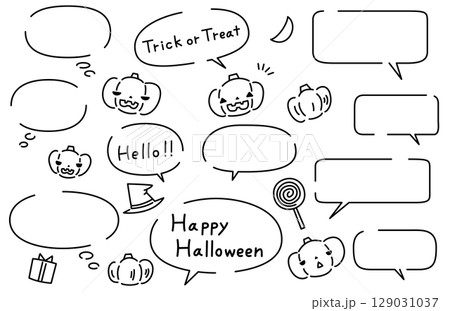 かわいいハロウィンのかぼちゃのイラストと吹き出しのセット お化けカボチャ ジャックオランタン 129031037