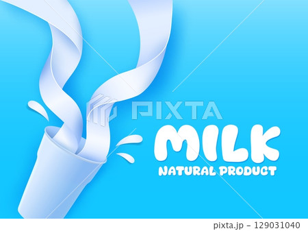 Paper cut milk glass with drink waves. Cow farm natural dairy product papercut, cutout vector banner. Milk, cream or yogurt drink glass with paper cut white liquid spiral flow, splash drops or waves Paper cut milk glass with drink waves. Cow farm natural dairy product papercut, cutout vector banner. Milk, cream or yogurt drink glass with paper cut white liquid spiral flow, splash drops or waves 129031040