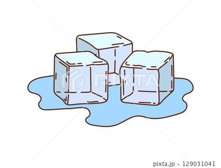 Retro groovy cocktail drink melting ice cubes. Three cold and wet icy blocks, frozen clear water groovy retro vector symbol. Bar chill drink ice cubes melting in water puddle funky sticker or icon 129031041