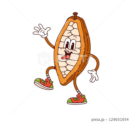 Cartoon groovy cocoa pod seed cheerful character. Cacao and chocolate confectionery isolated groovy vector personage, funny Y2K mascot. Cocoa pod with seeds cheerful 60s character or happy character Cartoon groovy cocoa pod seed cheerful character. Cacao and chocolate confectionery isolated groovy vector personage, funny Y2K mascot. Cocoa pod with seeds cheerful 60s character or happy character 129031054