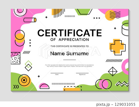 Diploma certificate template with geometric Memphis shapes. Vector appreciation frame, honor trophy with abstract figures, elements, vibrant colors, place for recipient name, date and signature 129031055