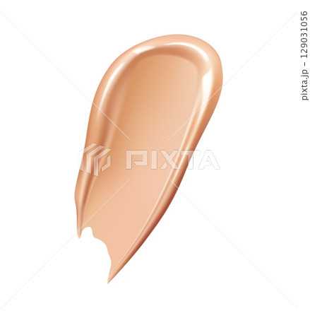 Realistic foundation cream cosmetic swatch. Isolated 3d vector smooth beige concealer stroke with glossy texture. Creamy cosmetics drop showcases luxurious hydrating finish, beauty skincare product 129031056