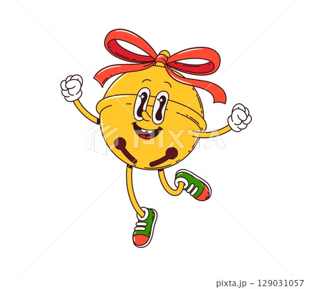 Christmas jingle bell decoration groovy character. Winter season festive golden bell funky funny character. Christmas celebration decor cartoon vector mascot. New Year decoration groovy personage 129031057