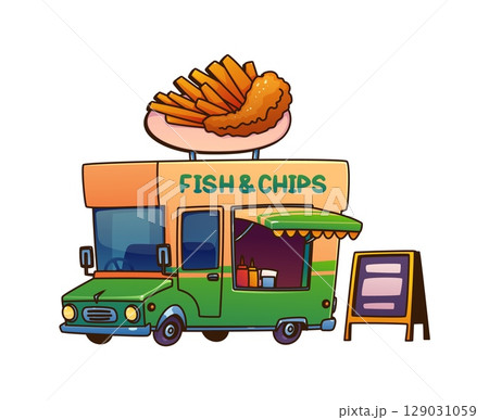 Fish and chip food truck car, festival street foodtruck van. Cartoon vector retro mobile with striped canopy, open service window, sauce bottle, takeaway box and blackboard menu for outdoor vending 129031059